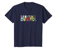 Marvel Logo with Characters Spider-Man, Iron Man, Thor, Hulk T-Shirt, Enfant, Bleu Marine, 12 Ans