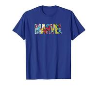 Marvel Logo with Characters Spider-Man, Iron Man, Thor, Hulk T-Shirt, Homme, Bleu Royal, S