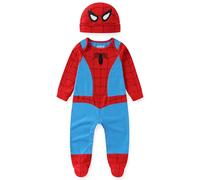 Marvel Spiderman Bodysuit and Hat, Footed Jumpsuit, Baby Clothes Sleepwear Set, Red and Blue, Size 9M