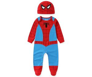 Marvel Spiderman Bodysuit and Hat, Footed Jumpsuit, Baby Clothes Sleepwear Set, Red and Blue, Size 9M