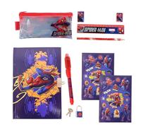 Marvel Spiderman Ensemble de Papeterie pour Garçon, Comprenant étui, Règle, Crayon, Stylo à Bille, Autocollants, Gomme, Taille-Crayon, Carnet et Cadenas avec Clés