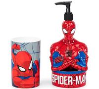 Marvel Spiderman Ensemble de salle de bain 2 pièces - Distributeur de savon et gobelet rouge et bleu - Accessoires de salle de bain super-héros en résine pour enfants