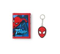 Marvel Spiderman Portefeuille pour Garcons Portefeuille Rouge a Trois Volets avec Imprime Graphique THWIP ! pour Enfants | Porte-Monnaie et Carte pour Enfants avec Porte-cles Masque