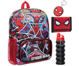 Marvel Spiderman Sac à Dos Scolaire avec Bouteille d'eau et Trousse Scolaire, Sac déjeuner ou Porte-clés Portefeuille Set de 4 pièces Cadeaux pour Enfants, Multicolore, 39 × 28 × 12.5 cm, Spiderman