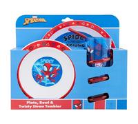 Marvel Spidey and Friends Glow Service de table 3 pièces - Comprend une assiette, un bol et un gobelet à paille torsadée avec Spidey, Trace-E, Ghost et Miles Morales