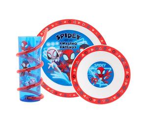 Marvel Spidey and Friends Glow Service de table 3 pièces - Comprend une assiette, un bol et un gobelet à paille torsadée avec Spidey, Trace-E, Ghost et Miles Morales