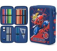 Marvel Trousse à crayons à double étage remplie de papeterie pour enfants, Double fermeture éclair Spiderman bleu foncé, Moderne