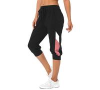 Marvmys Pantalon Jogging Femme Coton 3/4 Pantalon Survêtement Couleurs Contrastées Taille Haute Pantalon Jogging Running Fitness Training Noir-A XXL