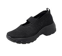 Mary Jane Baskets en tricot pour femme - Chaussures de marche confortables et respirantes en maille avec sangle de cheville élastique - Soutien de la voûte plantaire - Baskets plates en mousse à
