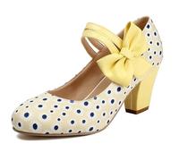 Mary Jane Chaussures à pois pour femme avec bout rond et talon haut Style vintage, Velcro jaune 1, 41 1/3 EU