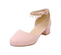 Mary Jane Chaussures habillées escarpins à talons bas Fleur Party High School Bal Sandales Grils Chaussures Filles Taille 37 Tongs, rose, 2 UK 3X-Narrow
