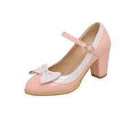 Mary Jane Chaussures Kawaii à talons mi-hauts pour femme Style rétro Couleur contrastée Nœud Dessus en cuir Collection d'automne Vintage Charm Celebration Chaussures, 02 Rose, 36 EU