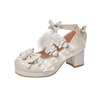 Mary Jane Chaussures Lolita pour fille avec papillon Chaussures de princesse à boucle réglable Escarpins Bordure en dentelle Chaussures de mariage Talon bloc Chaussures de fête, beige, 33 EU