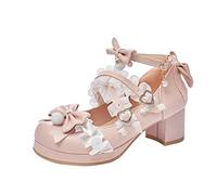 Mary Jane Chaussures Lolita pour fille avec papillon Chaussures de princesse à boucle réglable Escarpins Bordure en dentelle Chaussures de mariage Talon bloc Chaussures de fête, Rose, 32 EU