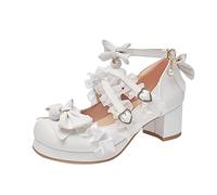 Mary Jane Chaussures Lolita pour fille avec papillon Chaussures de princesse à boucle réglable Escarpins Bordure en dentelle Chaussures de mariage Talon bloc Chaussures de fête, Blanc., 30 EU
