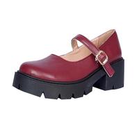 Mary Jane Chaussures pour femme à talon carré princesse Chaussures confortables larges en cuir Bout rond Fond épais Chaussures élégantes Lolita pour femme Mocassins souples avec boucle, Bordeaux, 38