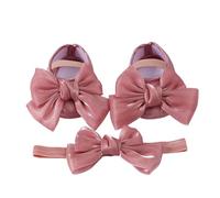 Mary Jane Ensemble de chaussures plates et serre-tête pour bébé fille avec nœud brillant et semelle souple pour la première marche, anniversaire, mariage, sandales antidérapantes, rose, 9-12 mois