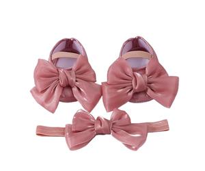 Mary Jane Ensemble de chaussures plates et serre-tête pour bébé fille avec nœud brillant et semelle souple pour la première marche, anniversaire, mariage, sandales antidérapantes, rose, 9-12 mois