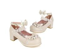 Mary Jane Escarpins pour femme - Style rétro - Décontracté - Patchwork - Nœud papillon - Talons hauts - Confortables - Lolita - Talons hauts - Style rockabilly - Pour mariage - Danse, 23 beige, 39 EU