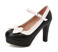 Mary Jane Escarpins pour femme - Style vintage - Dentelle ronde - Couleur unie - Lolita - Confortable - Talons hauts - Rockabilly - Vernis - Chaussures de mariée pour la danse et le mariage, 58 Noir