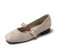 Mary Jane Escarpins rétro en velours à bout carré pour femme Talon bloc Perle Boucle Décontractée, abricot, 37.5 EU