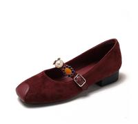 Mary Jane Escarpins rétro en velours à bout carré pour femme Talon bloc Perle Boucle Décontractée, rouge vin, 40 EU