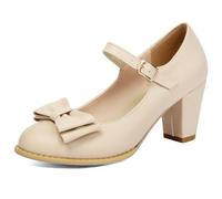 Mary Jane Femme Nœud Talon Bloc Bout Rond Escarpins Adorables Kawaii Chaussures Habillées pour École Port Quotidien Et Tenues Décontractées Ajustement Grandes Tailles,Apricot,39 EU