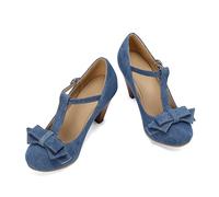 Mary Jane Talons bas pour femme avec nœud en T orné d'un nœud en denim léger pour printemps et automne, 02 Bu1, 37 EU