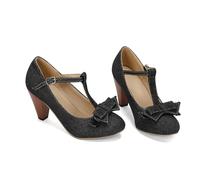 Mary Jane Talons bas pour femme avec nœud en T orné d'un nœud en denim léger pour printemps et automne, 01 Noir, 37 EU