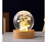 MARZIUS Veilleuse en forme de boule de cristal en verre de 6,1 cm avec base en bois, cadeaux décoratifs pour hommes, femmes, enfants, garçons, filles, adolescents (Chrysanthème jaune)