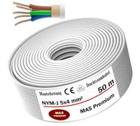 MAS Câble d'alimentation NYM-J de qualité supérieure pour pièces humides, de 5 à 70 m, câble gainé NYM-J 5 x 4 mm², anneau pour pose fixe (50 m)