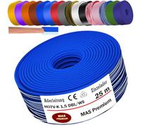 MAS Premium Câble conducteur H07 V-K 1 x 1,5 mm² SW HBL GNGE GN RT DBL BR OR GR WS VIO U-MAR.BL RS RTWS DBLWS ou GE - Fil individuel flexible de 5 à 100 m (bleu foncé/blanc, 25 m)