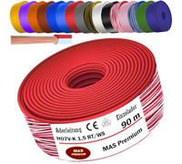 MAS Premium Câble conducteur H07 V-K 1 x 1,5 mm² SW HBL GNGE GN RT DBL BR OR GR WS VIO U-MAR.BL RS RTWS DBLWS ou GE - Fil individuel flexible de 5 à 100 m (rouge-blanc, 90 m)
