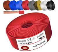 MAS Premium Câble conducteur H07 V-K 4 mm² de 5 à 100 m - Noir, marron, bleu foncé, vert jaune, gris, bleu clair, blanc ou rouge - Fil unique flexible (rouge, 30 m)