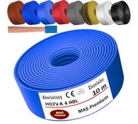 MAS Premium Câble conducteur H07 V-K 4 mm² de 5 à 100 m - Noir, marron, bleu foncé, vert jaune, gris, bleu clair, blanc ou rouge - Fil unique flexible (bleu clair, 10 m)
