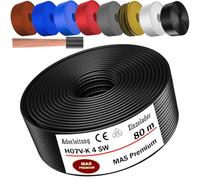 MAS Premium Câble conducteur H07 V-K 4 mm² de 5 à 100 m - Noir, marron, bleu foncé, vert jaune, gris, bleu clair ou rouge - Fil unique flexible (noir, 80 m)