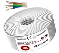 MAS Premium Câble d'alimentation NYM-J pour pièces humides - 5 à 170 m - Câble électrique gainé NYM-J 5 x 1,5, 2,5, 4, 6, 10 ou 16 - Avec anneau pour pose fixe (NYM-J 5 x 1,5 mm², 60 m)