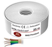 MAS Premium Câble d'alimentation NYM-J pour pièces humides - 5 à 170 m - Câble électrique gainé NYM-J 5 x 1,5, 2,5, 4, 6, 10 ou 16 - Avec anneau pour pose fixe (NYM-J 5 x 2,5 mm², 25 m)