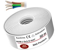 MAS Premium Câble d'alimentation NYM-J pour pièces humides - 5 à 170 m - Câble électrique gainé NYM-J 5 x 1,5, 2,5, 4, 6, 10 ou 16 - Avec anneau pour pose fixe (NYM-J 5 x 1,5 mm², 30 m)