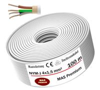 MAS-Premium Câble d'alimentation NYM-J pour pièces humides - De 5 à 100 m - Câble gainé NYM-J 4 x 1,5 mm² - Avec anneau pour pose fixe (100 m)