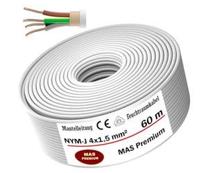 MAS-Premium Câble d'alimentation NYM-J pour pièces humides - De 5 à 100 m - Câble gainé NYM-J 4 x 1,5 mm² - Avec anneau pour pose fixe (60 m)