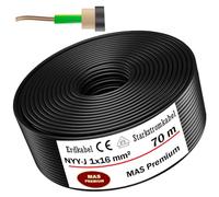 MAS Premium Câble d'alimentation souterrain NYY-J, 5, 10, 15, 20, 25, 30, 35, 40, 50, 60, 70, 75, 80, 90 ou 100 m, 1 x 16 mm², câble électrique avec anneau pour pose en extérieur, en sous-sol (70 m)