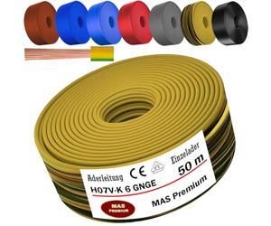 MAS Premium De 5 à 100 m de câble à conducteurs H07 V-K 6 mm² Noir Brun Bleu foncé Jaune vert Gris Rouge Orange ou Bleu clair Conducteur unique flexible (Jaune vert, 50 m)
