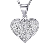 MASADA Collier Coeur Lettre V Argent 925 - Pendentif Initiale avec Pierres Zircons - Bijoux Alphabet pour Femme, Ado & Fille - Chaîne 46cm - Sac de Rangement en Velours
