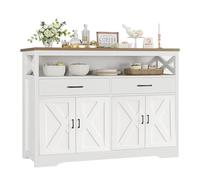MASAJIA Buffet Cuisine Rustique Blanc - Meuble Bas 140x40x105 cm avec 2 Tiroirs, Étagère Réglable et Compartiment Ouvert - Buffet Salle à Manger avec 4 Portes, MDF