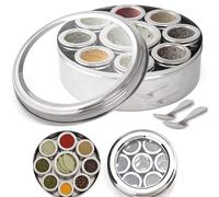 Masala Dabba Boîte à épices indienne de qualité supérieure avec couvercle transparent, 9 compartiments avec couvercles individuels, en acier inoxydable de qualité alimentaire, avec 2 cuillères de