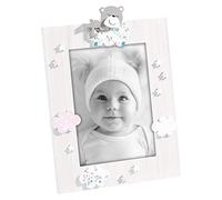 Mascagni Casa Cadre photo en bois avec décoration nounours et nuages. Finition blanche et rose - Taille photo 13 x 18 cm