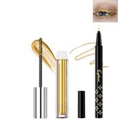 Mascara et Eyeliner Pailleté, Mascara Couleur Diamant Paillettes Volume et Longueur, Crayon Yeux Métallique Brillant, Longue Durée et Waterproof, Très Pigmenté Shimmer Makeup Set pour Femme-02 Or