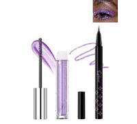 Mascara et Eyeliner Pailleté, Mascara Couleur Diamant Paillettes Volume et Longueur, Crayon Yeux Métallique Brillant, Longue Durée et Waterproof, Très Pigmenté Shimmer Makeup Set pour Femme-03 Violet