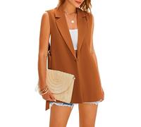 MASCOMODA Blazer d'été sans manches pour femme 2023 décontracté ouvert sur le devant col en V gilet gilet à revers fente latérale vêtements de travail, marron, XX-Large